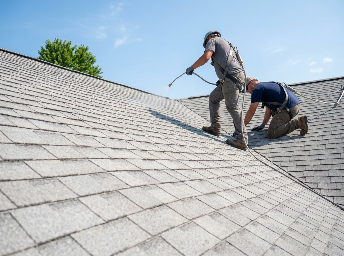 Two roofers in safety harnesses on a gray asphalt shingle roof, one applying a clear coating with a handheld sprayer