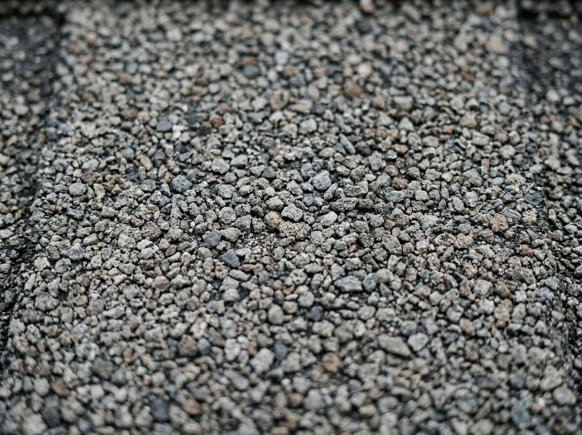 Close view of gray asphalt shingle granules on a sun-faded Southern California roof