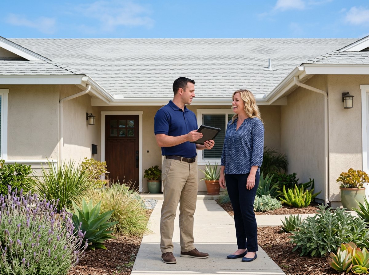 Roof inspector in a navy polo holding a tablet and talking with a homeowner on the front walk of a stucco home with a gray asphalt shingle roof