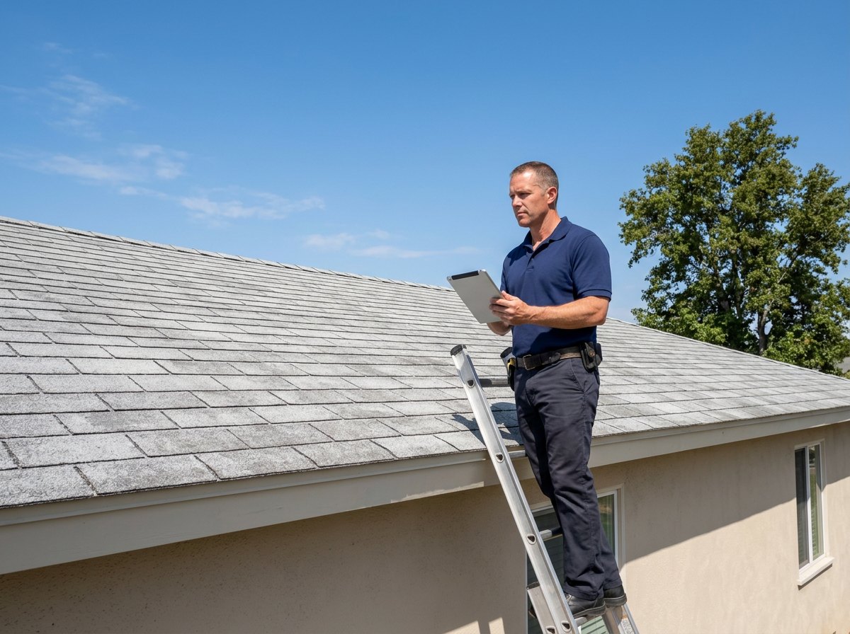 Roof inspector in a navy polo on an aluminum ladder, holding a tablet while checking a gray asphalt shingle roof on a stucco home