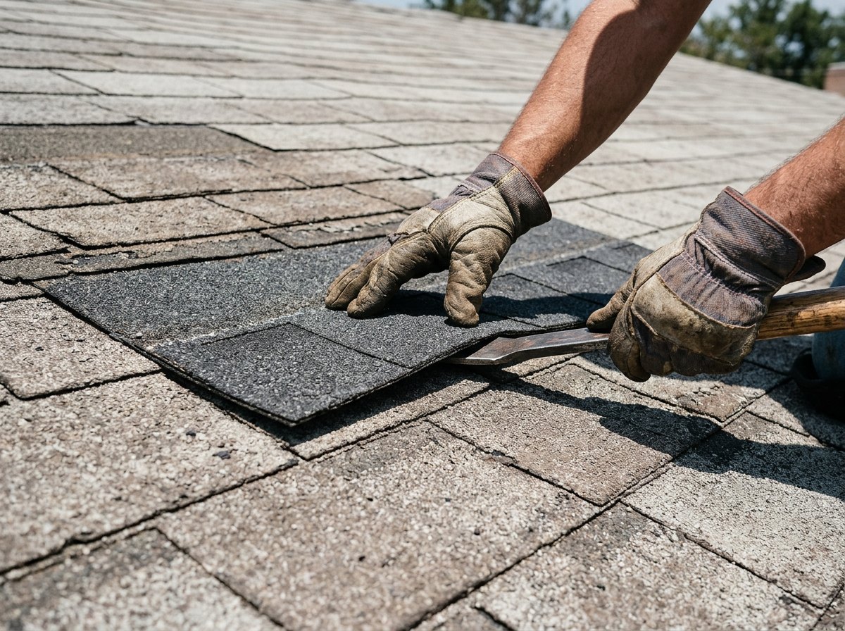 Roofer in work gloves using a flat bar to slide a new dark asphalt shingle into a row of faded shingles